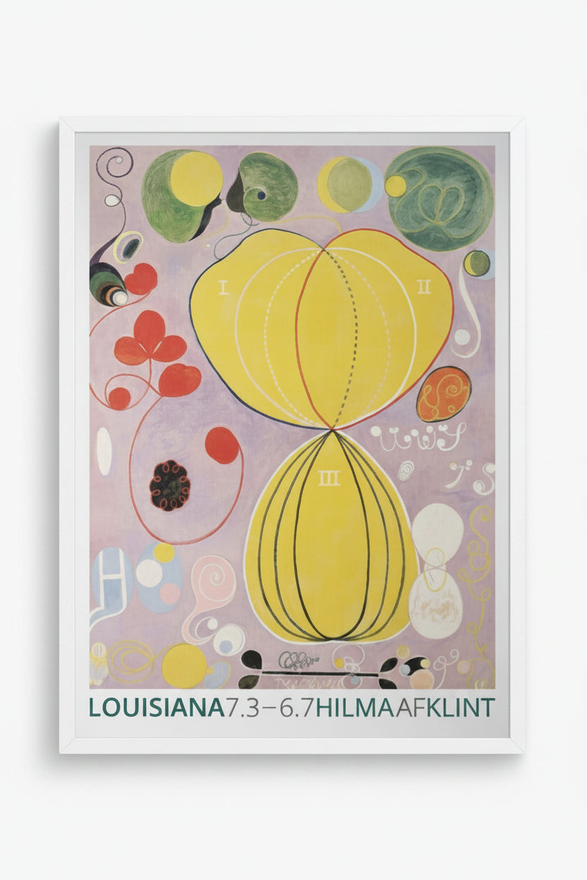 Artistic poster with abstract designs and text about an exhibition by Hilma Af Klint.