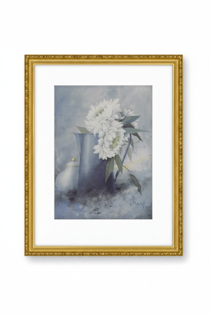 Framed artwork of a blue pitcher with white flowers on a textured background.
Ice Winter by Franz Heigl - Framed Print