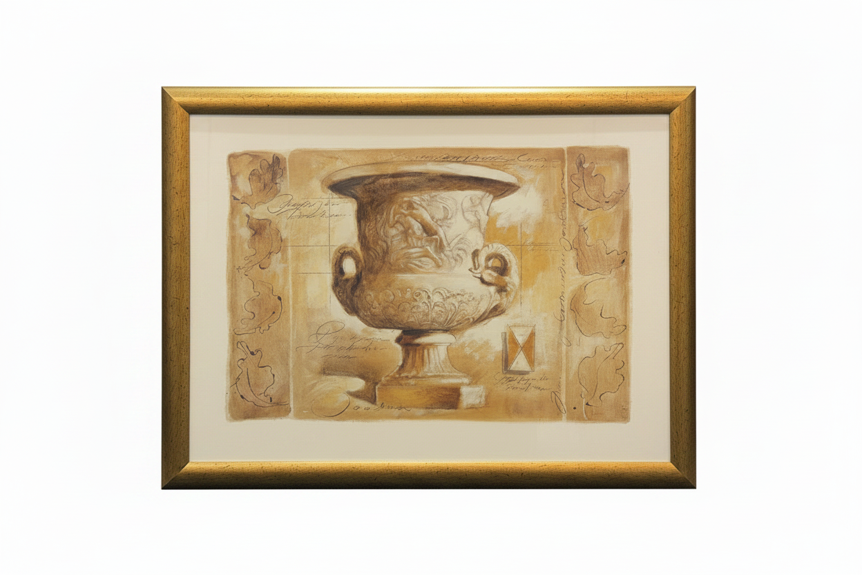 Framed artwork of an classical urn design on a textured background