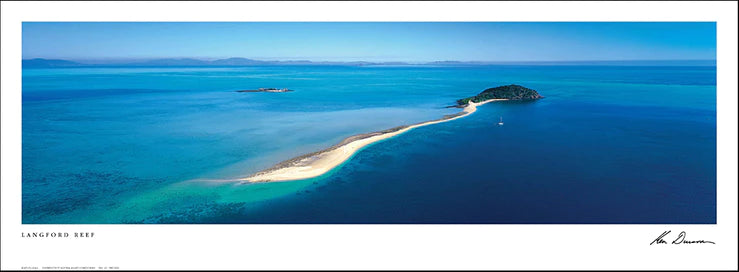 print depicting a seascape of Langford Reef with an island in the center, surrounded by blue waters and a clear sky.