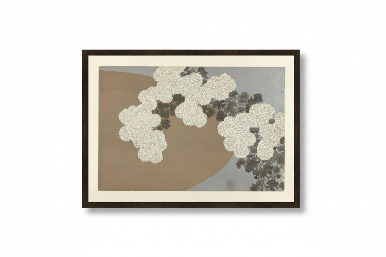 Artistic depiction of white flowers on a brown and gray background. KamisakaSekka_-_Chrysanthemums_1909_Print_Framed