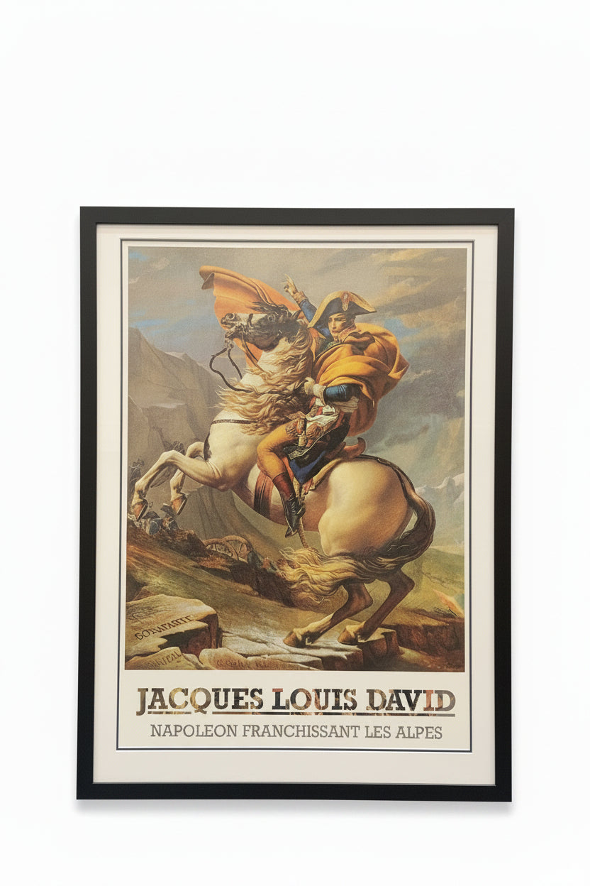 Framed artwork of a historical painting by Jacques-Louis David featuring a figure on horseback.