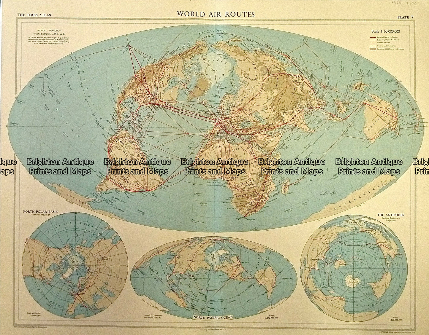 Vintage map – World air routes by Bartholomew c.1958 Ref# 232-913