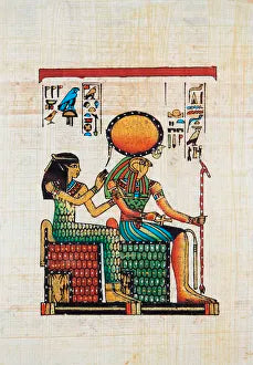Hathor & Ra-Horakhty, Egyptian Papyrus - Painting