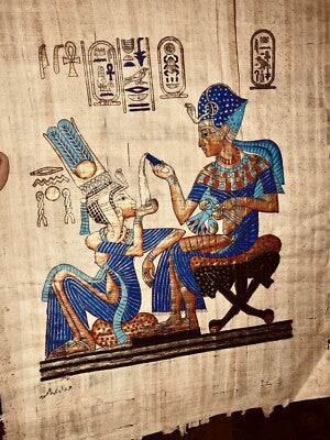King Tutankhamun & his Wife, Ancient Egyptian Papyrus- Hand Painted Art