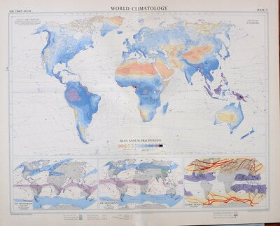 1958 LARGE MAP WORLD CLIMATOLOGY MEAN ANNUAL PRECIPITATION STORM TRACKS AIR