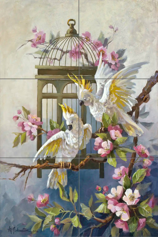 Cockatoos and Apple blossoms- Tile Mural