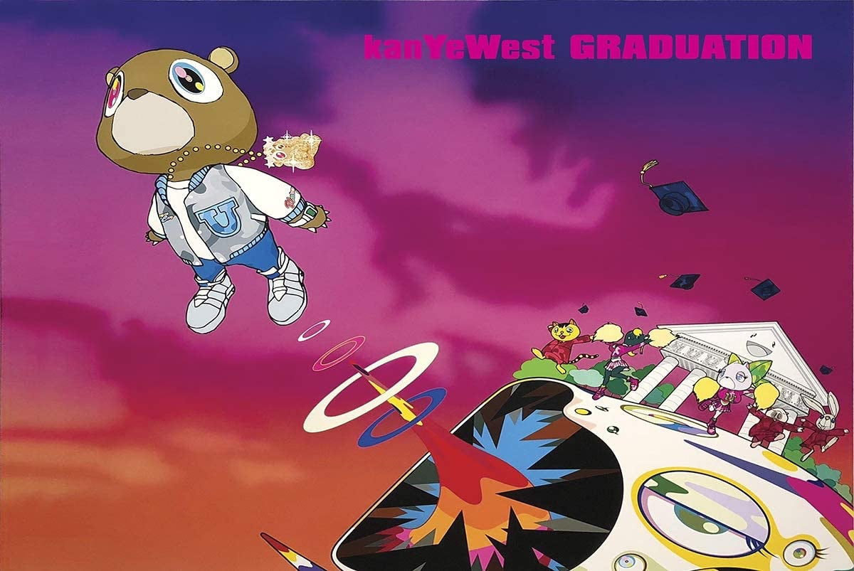 An official poster of Kanye West's album 'Graduation'. It features a colorful and stylized design with an illustration of a character resembling Kanye West wearing a graduation cap and gown, surrounded by abstract and album-related imagery.