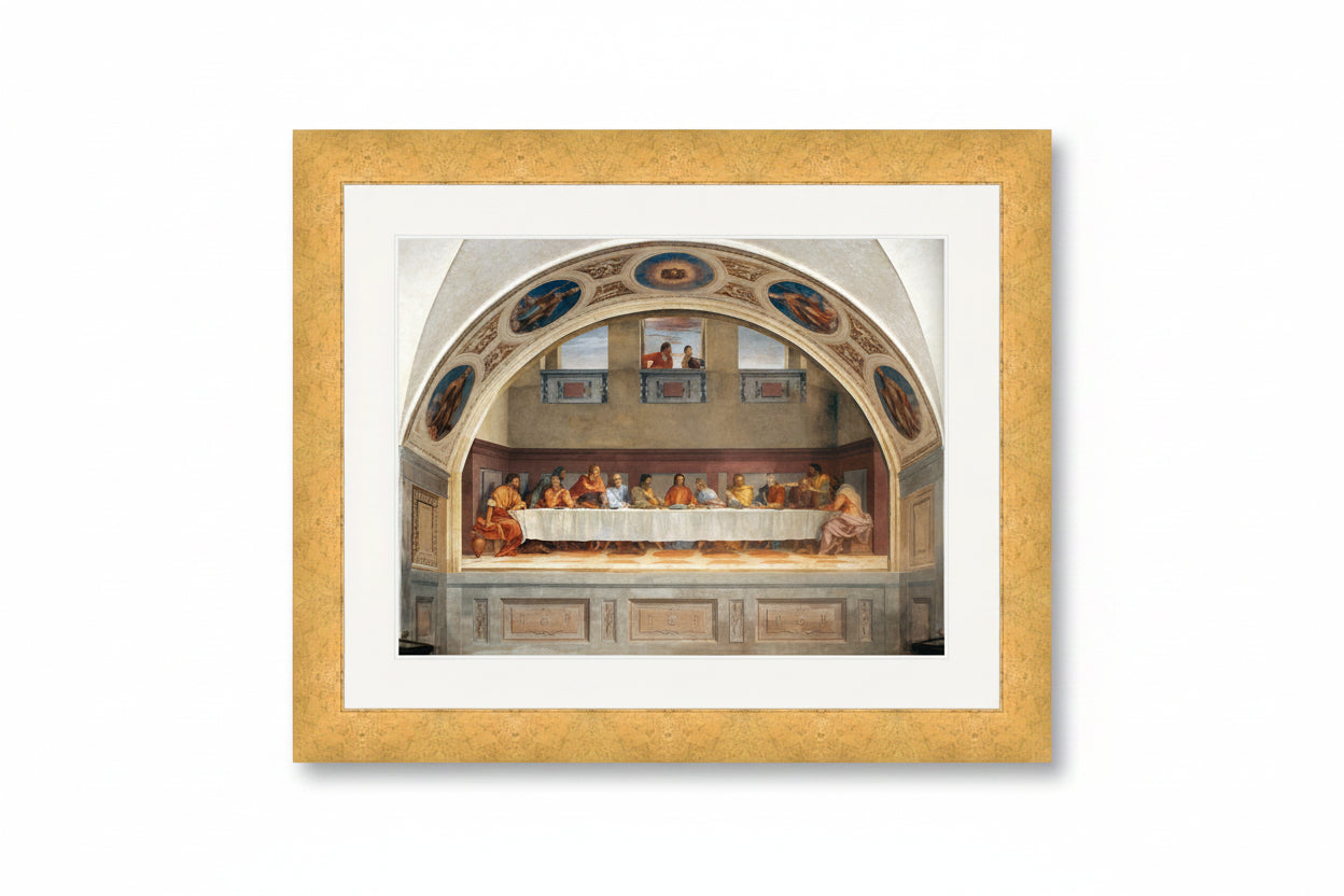 A framed art print of Leonardo da Vinci's Last Supper, featuring the painting within an arched architectural scene, presented with a cream white mat and a textured gold frame.