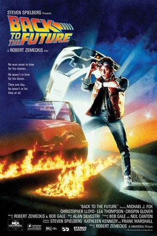 Movie poster for 'Back to the Future' with a character in a time machine and car on fire.