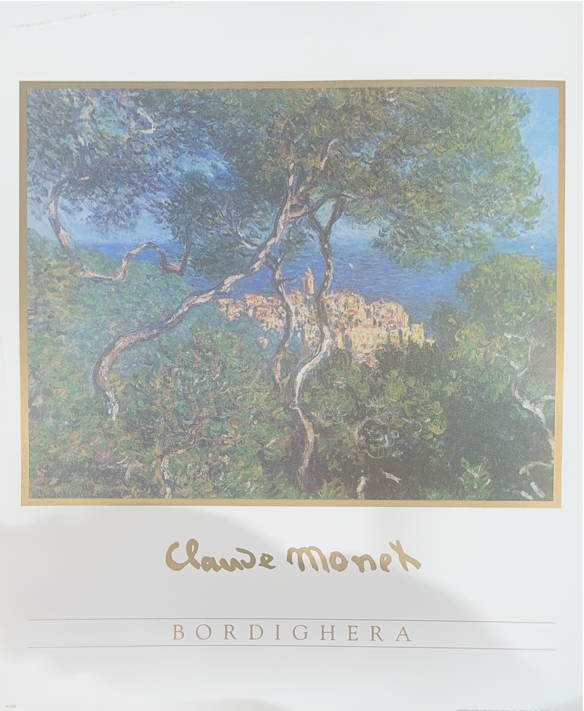 Artistic depiction of a tree with a blue sky, signed 'Claude Monet' on a white background. Bordighera (1884)