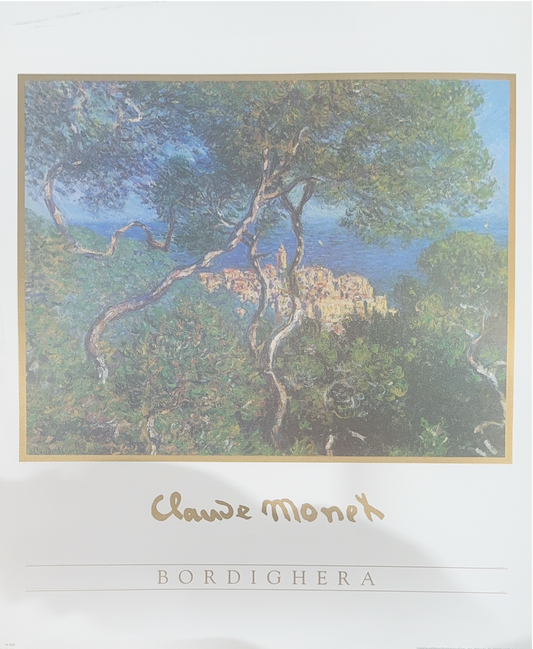 Artistic depiction of a tree with a blue sky, signed 'Claude Monet' on a white background. Bordighera (1884)