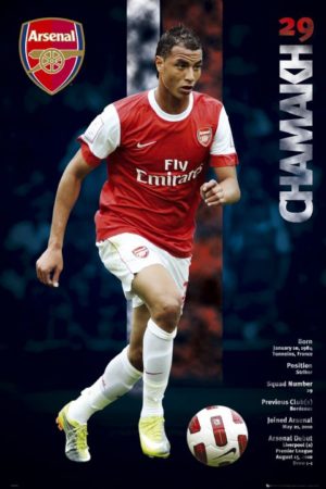 A poster featuring Marouane Chamakh in an Arsenal FC football kit, with the player's name and the team's crest prominently displayed.