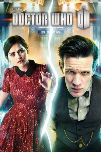 Promotional poster for 'Doctor Who' featuring a character in a red dress and another in a suit with a lightning bolt effect.