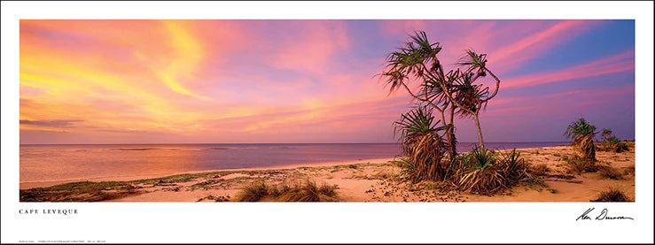 print depicting a seascape with sandy beaches and a pink and purple sunset sky.