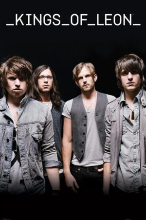 A black and white poster of the American band Kings of Leon, featuring members of the band with a dark background.