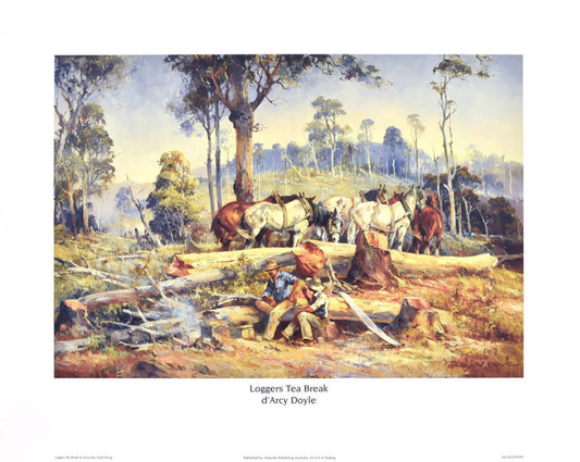 Painting of loggers having a tea break in a forest setting. Loggers Tea Break by d'Arcy Doyle - Print