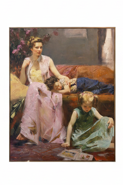 Oil painting of a woman and two children in a domestic setting. Moments Of Affection by Pino