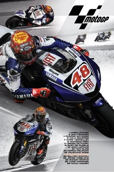 Motorcycle racer on a Yamaha bike with number 48, surrounded by other racers and MotoGP logo.