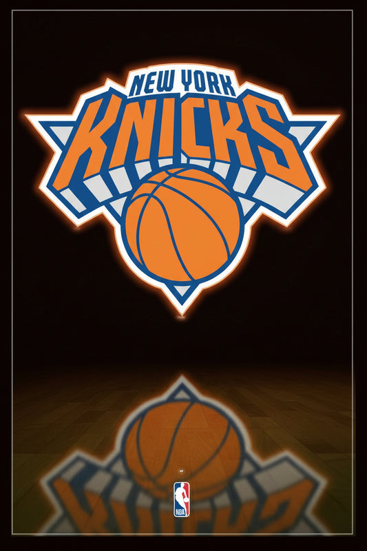 New York Knicks basketball team logo on a black background, with a faint mirrored reflection below and a small NBA logo near the bottom center.