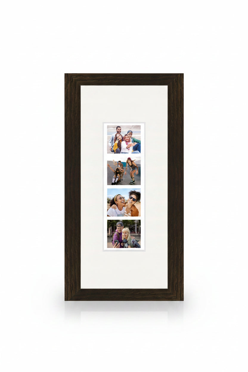 Collage of family photos in a dark wood frame. Photobooth strip gift frame