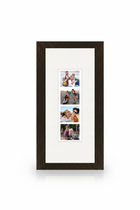 Collage of family photos in a dark wood frame. Photobooth strip gift frame