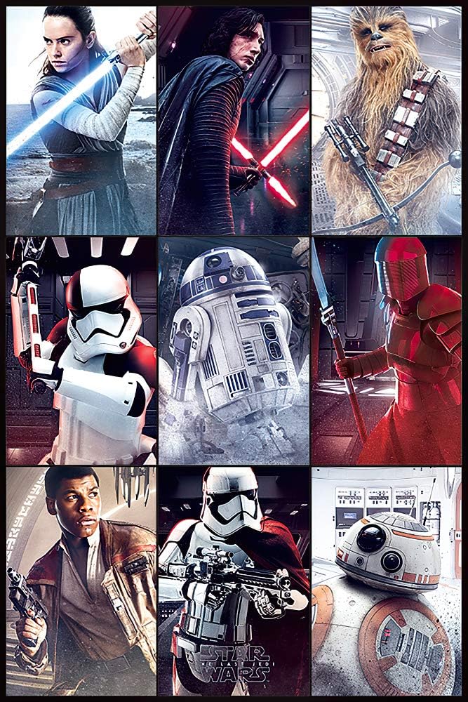 A collage of characters and scenes from the 2017 movie Star Wars The Last Jedi, featuring various characters in costume and the droids, displayed in a mosaic format.