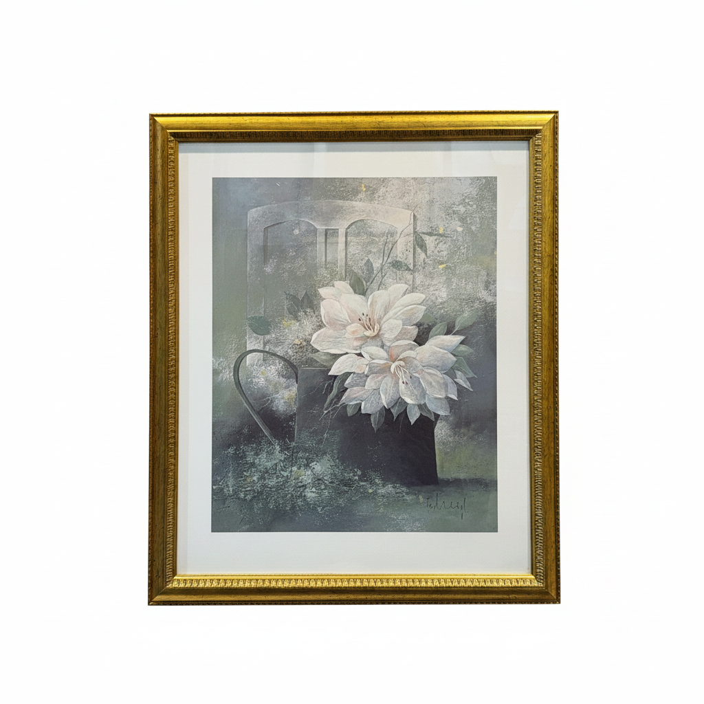 Framed artwork of a white flower with a gold frame. Snow of Spring by Franz Heigl — Framed Print