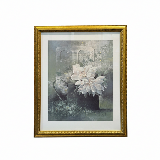 Framed artwork of a white flower with a gold frame. Snow of Spring by Franz Heigl — Framed Print