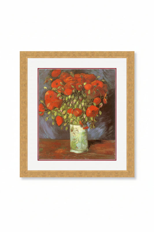 A framed print of a Van Gogh painting featuring a vase of red roses, with a blue background and a white vase.