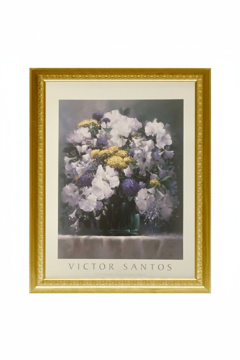 Framed artwork of a bouquet of flowers by Victor Santos on a white background