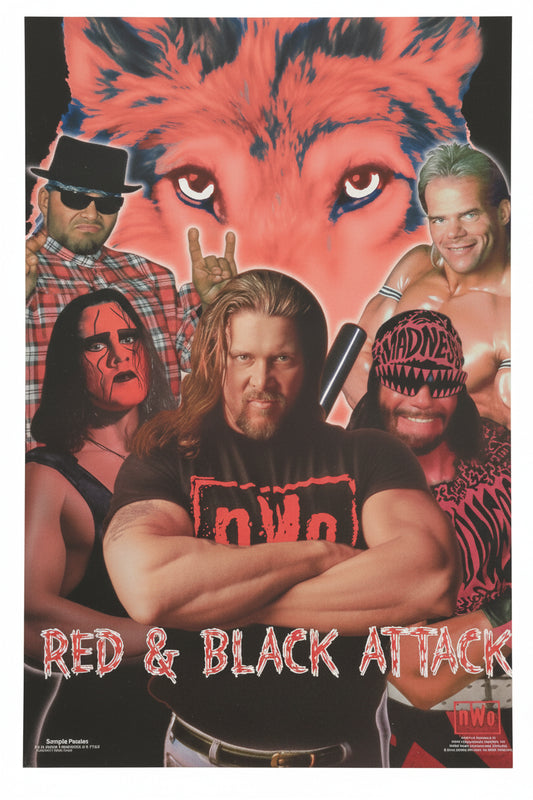 NWO poster featuring multiple professional wrestlers in front of a large red wolf face, with the text 'RED & BLACK ATTACK'